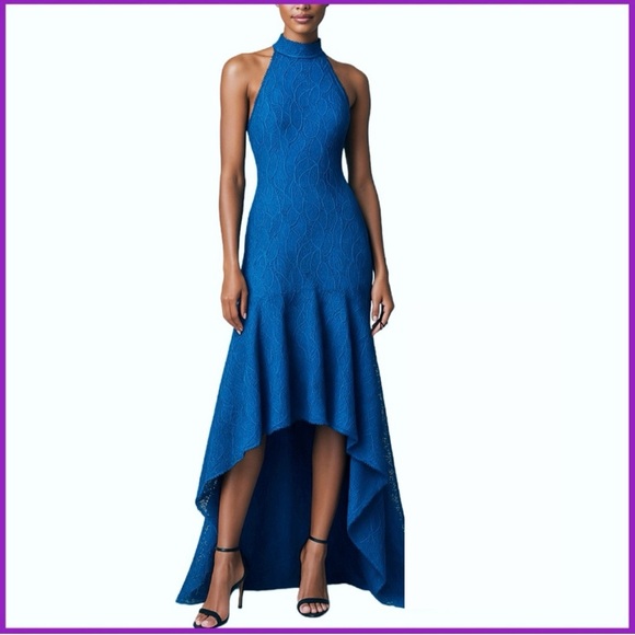 Monique Lhuillier Dresses & Skirts - Monique Lhuillier Blue EMBROIDERED Sleeveless Halter Neck High-Low Dress